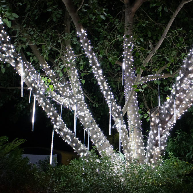 Create a magical display with Pure White 5mm lights and Cascading snowfall tubes.