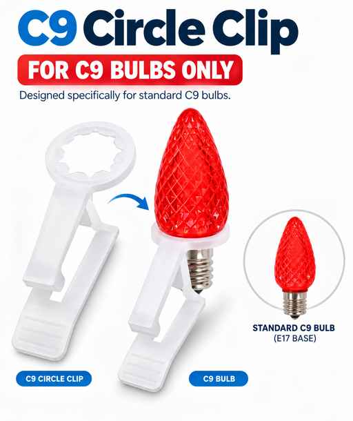 C9 circle clip designed for C9 bulbs, shown alongside a red textured C9 bulb with an E17 base. 